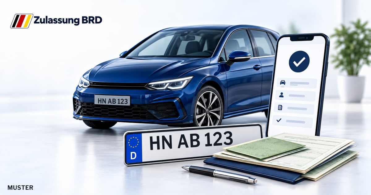 Online Fahrzeugzulassung in Heilbronn: Musterkennzeichen HN AB 123, Auto und Fahrzeugpapiere und Smartphone. Illustration mit Logo von Zulassung BRD.